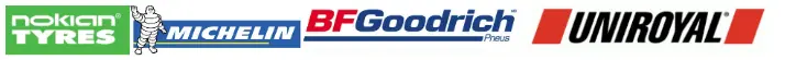 Les logos de quatre marques de pneus présentés côte à côte : Nokian Tyres, Michelin (avec le bonhomme Michelin), BFGoodrich et Uniroyal.
